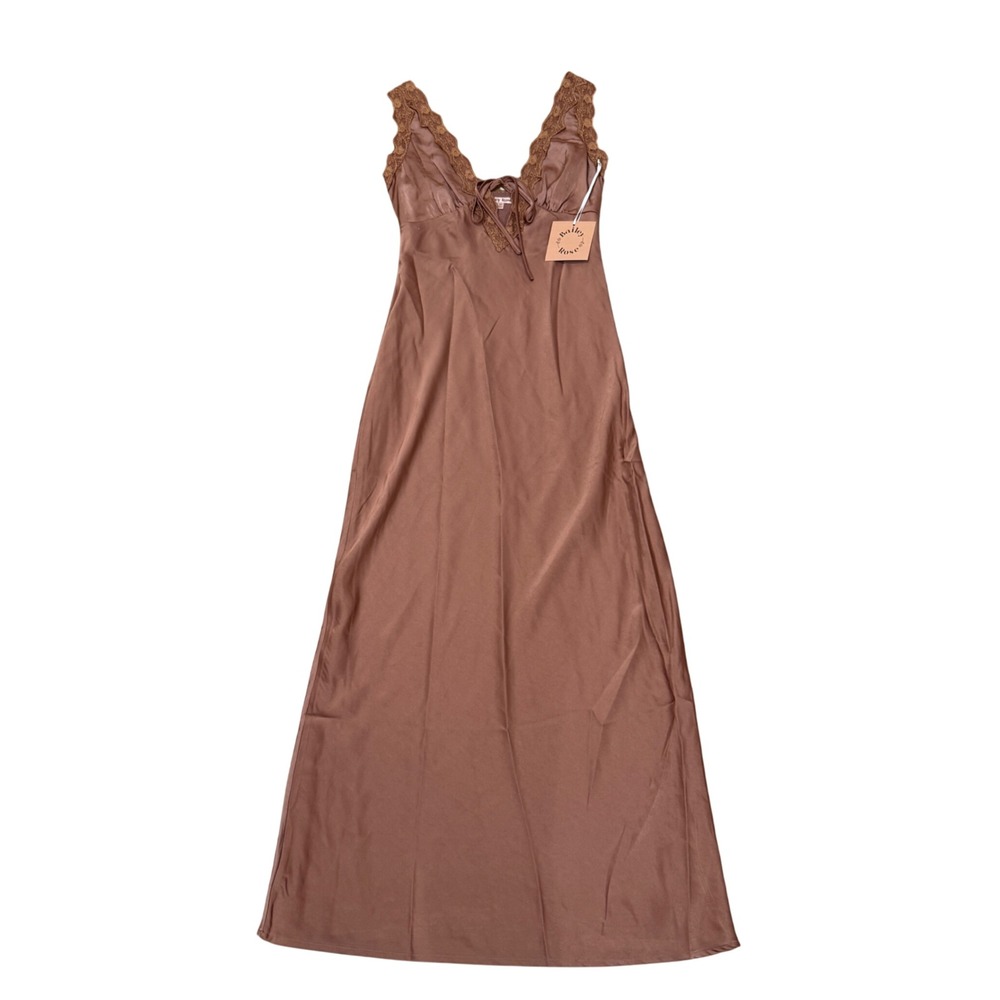 Bailey Rose Brown Satin Lace Trim Maxi Dress XS Cocoa Silk Slip V-Neck Tie Front